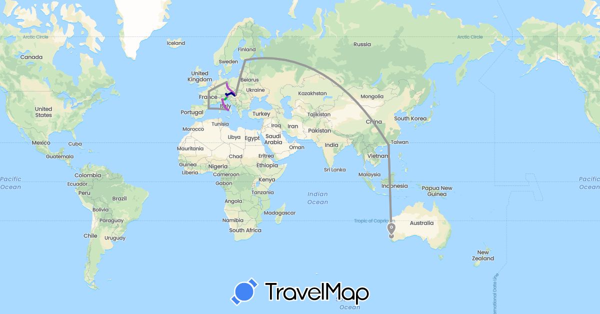 TravelMap itinerary: driving, bus, plane, train in Austria, Australia, China, Czech Republic, Germany, Spain, Finland, France, Hungary, Italy (Asia, Europe, Oceania)