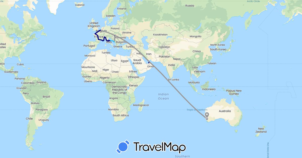 TravelMap itinerary: driving, plane, boat in United Arab Emirates, Australia, Belgium, Switzerland, France, Croatia, Hungary, Italy, San Marino (Asia, Europe, Oceania)