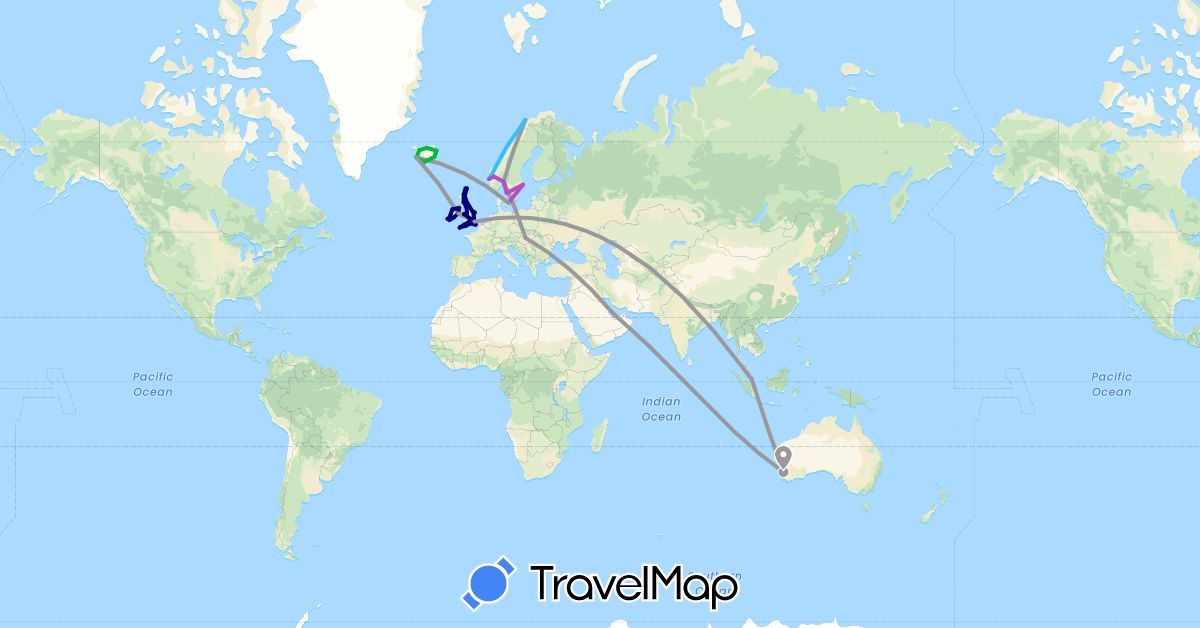 TravelMap itinerary: driving, bus, plane, train, boat in Australia, Denmark, United Kingdom, Hungary, Ireland, Iceland, Norway, Qatar, Sweden, Singapore (Asia, Europe, Oceania)